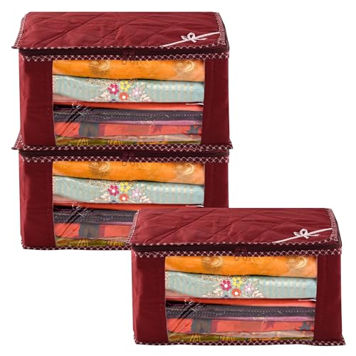 Image of Kuber Industries Saree Cover | Clothes Storage Bag | Wardrobe Organiser for Suit | Zip Closure & Transparent Window Saree Cover | Bow Dot Border-Design | 9 inch | Pack of 3 | Maroon