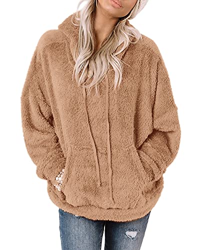 Ezbelle Womens Long Sleeve Hooded Sherpa Sweatshirts Fuzzy Coat Winter Fall Trendy Fleece Clothes Oversized Jacket Cozy Coat Brown S