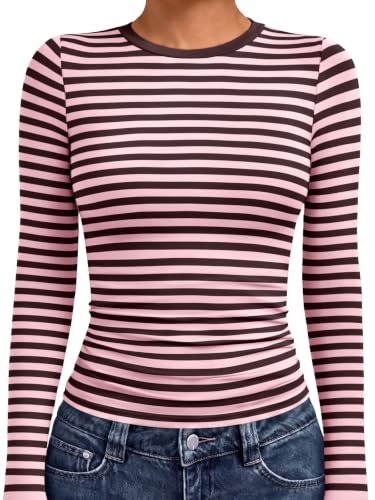 Underscrubs Tops Crew Neck Long Sleeve Compression 31 underscrubs tops - pink brown stripes