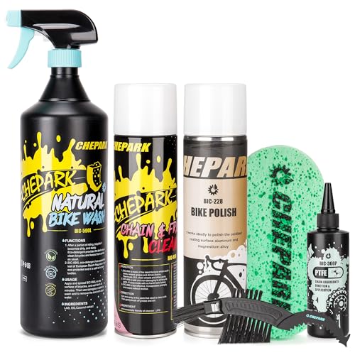 Image of CHEPARK Bike Cleaning Kit - Bicycle Wash & Drivetrain Clean Essentials Kit with bike clean,Bicycle Degreaser,PTFE Lubricant,bike polish,Cleaning Brush Tool and Sponge for Mountain Road Bikes