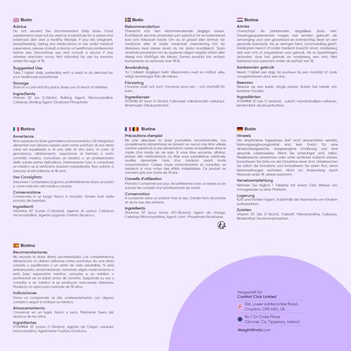 Biotin Tabletten - 12.000mcg je Portion - 365 vegane Tabletten - Biotin trägt zur Erhaltung normaler Haut und normaler Haare bei (Laut EFSA) - 1 Jahr Vorrat - Bekannt als Vitamin B7 - WeightWorld