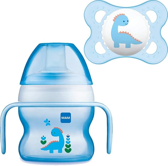 MAM Starter Cup and MAM Handles with 0+ Months Start Soother, Baby Cup for 4+ months, Baby Feeding, 1x 150 ml, Blue (Designs May Vary)