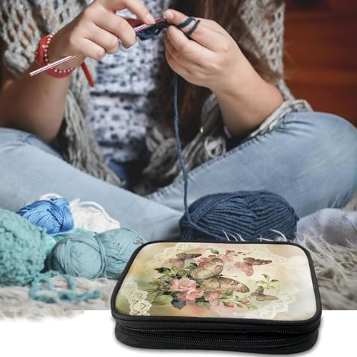 Image of Vanideaoty Butterfly Floral Crochet Hook Case Vintage Crochet Hook Organizer Without Accessories Knitting Needle Case for Knitting Supplies Holiday Decoration