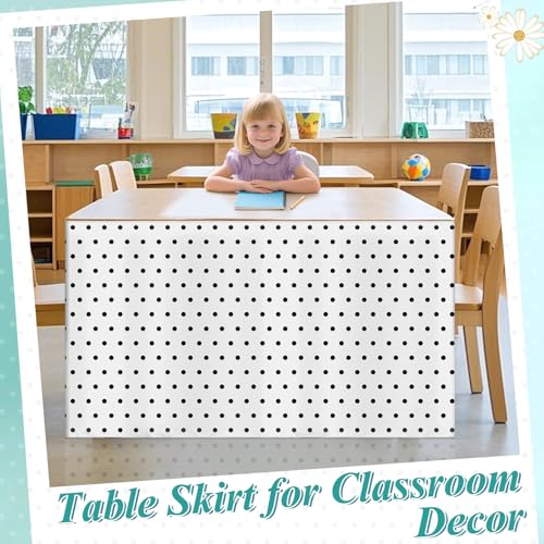 Image of 4FT Black and White Table Skirt Polka Dots Teacher Desk Skirt Classroom Desk Skirt for Back to School Decorations Classroom Table Cloth for Back to School Party Supplies Dorm Office Bookcase Cabinet