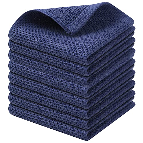 Kitinjoy 100% Cotton Kitchen Dish Cloths, 8 Pack Waffle Weave Ultra Soft Absorbent Dish Towels for Drying Dishes Quick Drying Kitchen Towels Dish Rags, 12 X 12Inch, Navy Blue