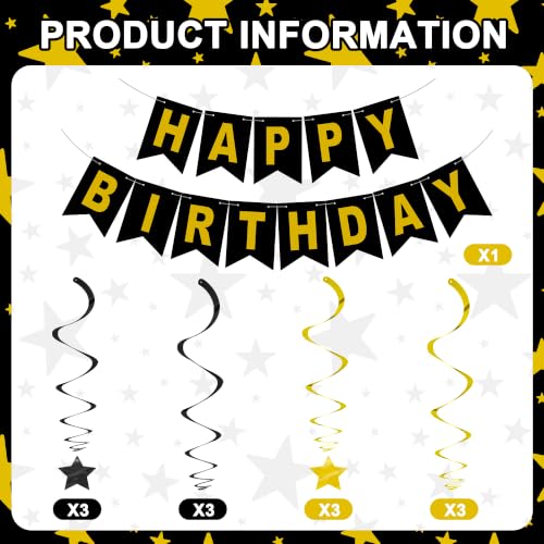 Image of BEISHIDA Black Gold Happy Birthday Banner with Stars for Kids Women Men Birthday Decor