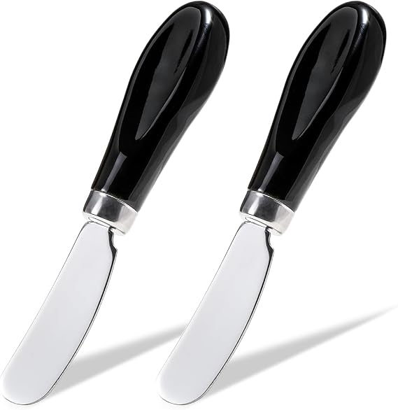 AISBUGUR 2 Pack Stainless Steel Butter Spreader Knife, Butter Knife with White Porcelain Handle, Cheese Butter Spreader Knives for Kitchen, Black
