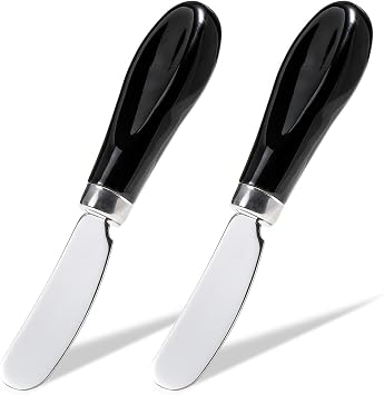 AISBUGUR 2 Pack Stainless Steel Butter Spreader Knife, Butter Knife with White Porcelain Handle, Cheese Butter Spreader Knives for Kitchen, Black
