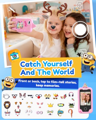 Image of KOKODI Kids Smart Phone Toys, Minions Collab Birthday Gifts for 3 4 5 6 7 8 Year Old Boys, Touchscreen HD Digital Dual Video Camera, Preschool Learning Toy for Kids 3-5 Travel Trip Activity (Pink)
