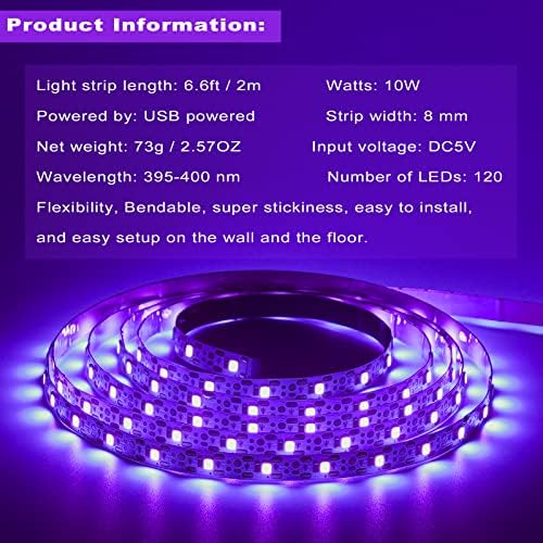 UV Black Light LED Strips, 6.6ft/2M UV Light, 120 Lamp Beads, USB Cable 1.5m LED Black Light Strip, DC5V 10W Flexible Blacklight strip lights, UV Light Strip for Indoor, TV Decor, Party, Halloween
