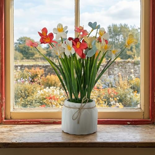 Image of Dekorly Artificial Lavender Plant in White Pot, 18cm - Realistic Faux Flower Arrangement for Home & Office Decor (Set of 1) (1, Grass Lily)