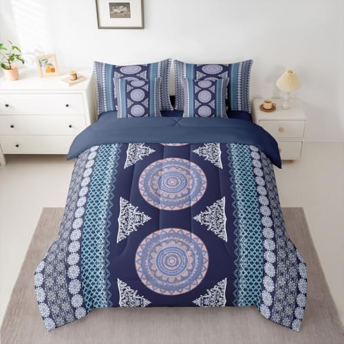 Image of Bohemian Decor Boho Full Size Bed Sheets and Comforter Set | Paisley Flower Mandala 7-Piece Bedding Set Moroccan Medallion Aztec Bed in a Bag,Ethnic Tribal Exotic Striped European Black Purple
