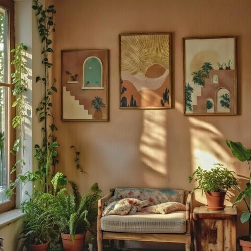 Image of Livin'luxe Set of 3 Desert Arch Wall Art Premium MDF Wooden color Color Framed HD Sparkle Lamination Printed Boho Sunset Landscape Painting for Living Room Bedroom Home Decor