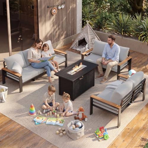 Image of Aoxun Patio Furniture Set, Aluminum Patio Set with Fire Pit Table and 5 inch Thicken & Washable Cushion, Waterproof Outdoor Furniture, Outdoor Couch Sectional for Backyard (LS-7 Seats /F, Grey)