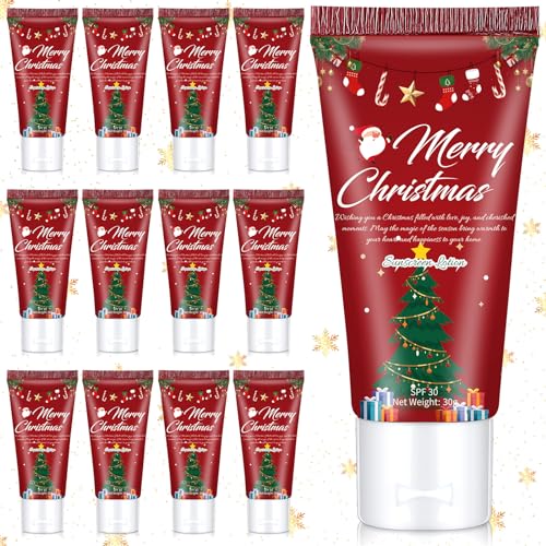 Image of 12 Pcs Mini Sunscreen Bulk for Summer Party Wedding SPF 30 Water Resistant Sunscreen Lotion Bulk 1oz Travel Size for Thank You Gifts Wedding Supplies (Christmas)