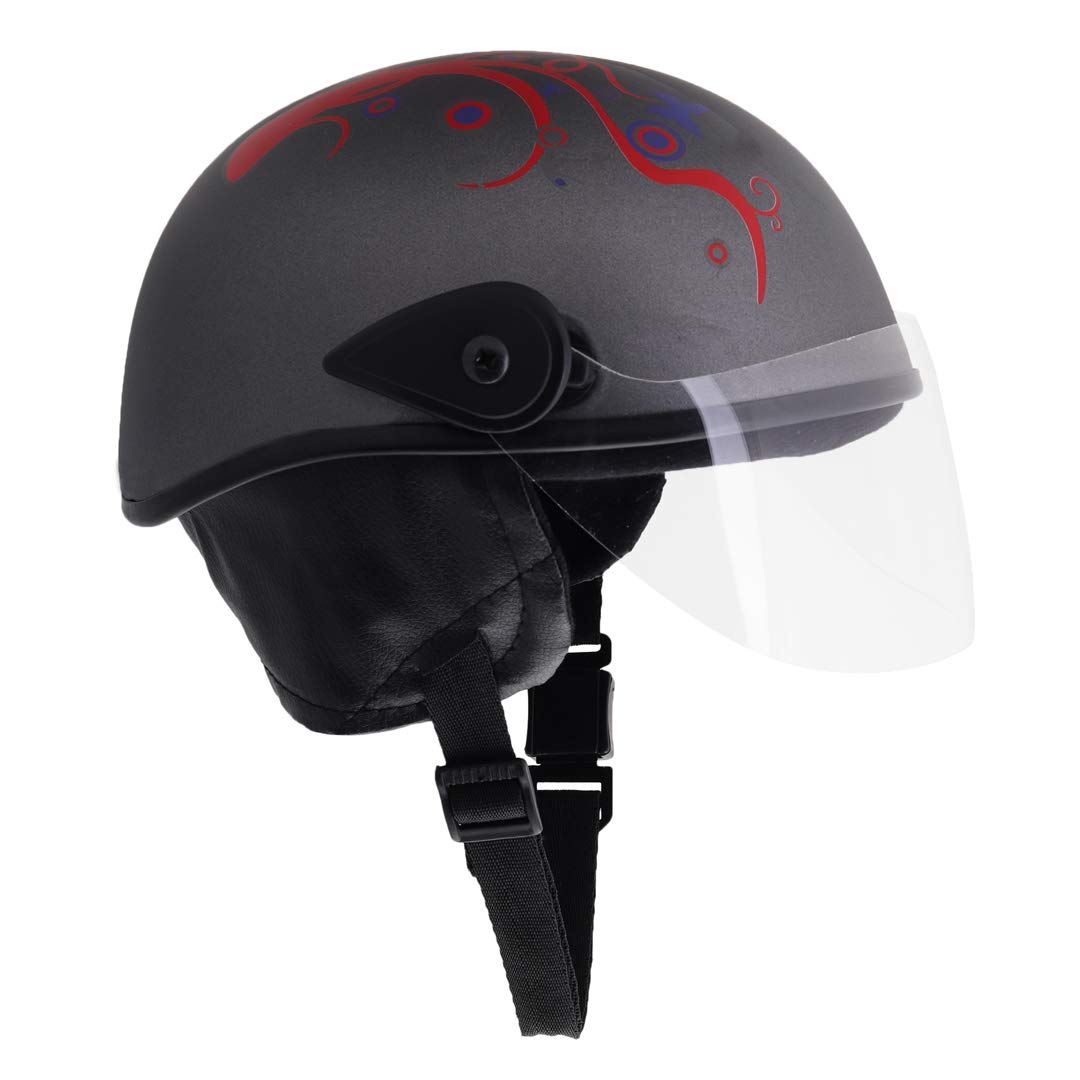 Western Era Unisex Half Helmet for Men & Women | Clear Visor | Comfort & Safety | Enhanced Design | Color - Grey Matte || Red Decal (Large)