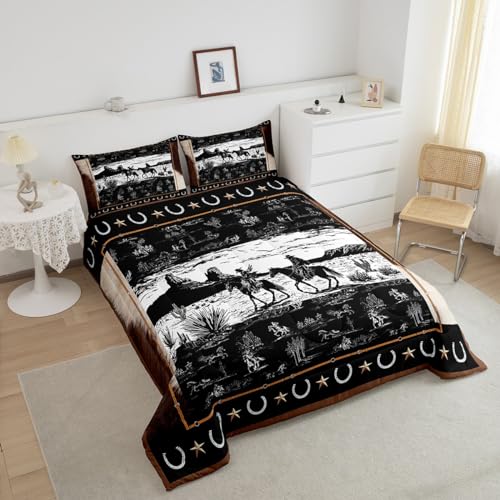 Juego de ropa de cama de caballo blanco y negro edredón matrimonial vaquero 5