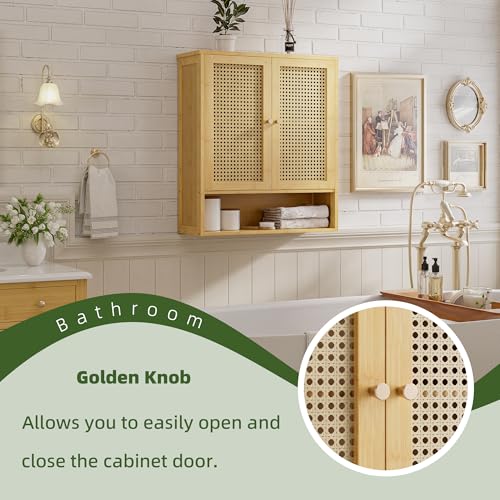 vovala Mueble de Pared para baño, Organizador de Almacenamiento de bambú sobre el Inodoro con 2 Puertas de ratán y Estante Ajustable, botiquín de Ahorro de Espacio para lavandería, Cocina (Natural) - imagen 6