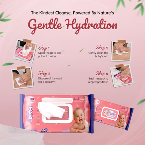 Image of Babit Baby Wipes (80 Wipes each) Pack of 2 | Gentle Cleansing for Newborn & Kids | Hydrates, Soothes & Prevents Rashes | Soft Wet Wipes for Baby & Adults