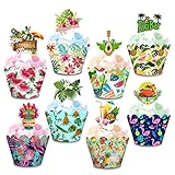 48 PCS Hawaiian Luau Cake Cupcake Toppers Wrappers, Tropical Hawaiian Cupcake Toppers with Flamingo