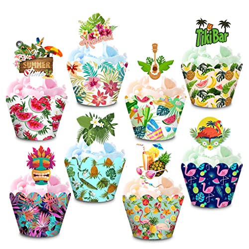 48 Pcs Hawaiian Luau Cake Cupcake Toppers Wrappers, Tropical Hawaiian Cupcake Toppers With Flamingo Pineapple Plumeria Flower Fruit Leaves Tikbar For Summer Aloha Hawaii Beach Pool Party Supplies #TOP11