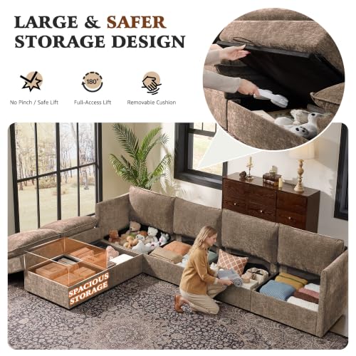 Image of Ihanherry 135 inch Modular Sectional Sofa with Storage, U Shaped Cloud Couch with Movable Ottomans & 4 Pillows, Chenille Deep Seat Sectional Couches for Living Room, Apartment (Brown)