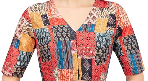 Image of Studio Shringaar Women's Cotton Patchwork Printed Readymade Saree Half Sleeve Blouse