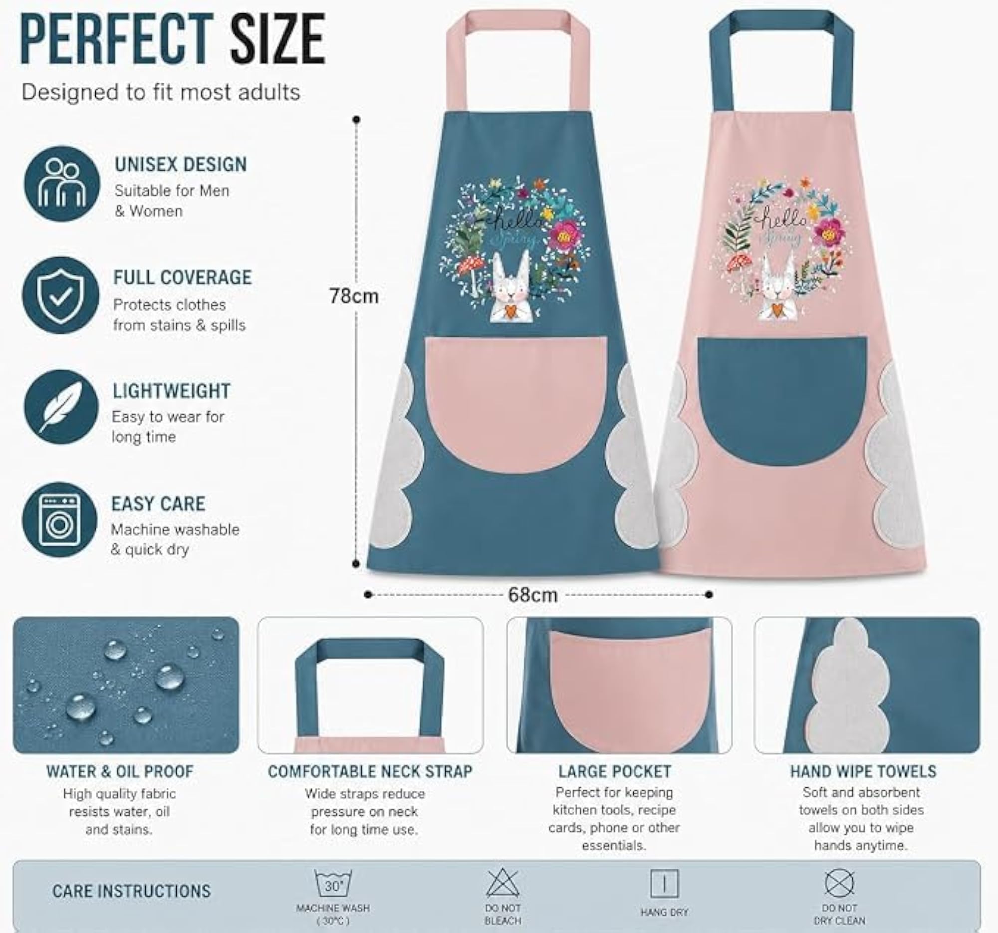 Waterproof Kitchen Apron with Hand Wipe Towels and Large Pocket