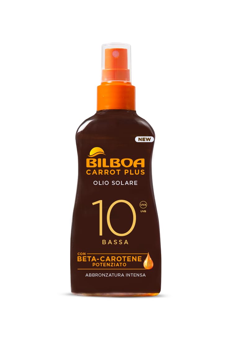 Bilboa Carrot Plus, Olio Solare Spray SPF 10, Olio Abbronzante Corpo, Formula con Betacarotene per una Abbronzatura Intensa e Duratura, Resistente all'Acqua, Dermatologicamente Testato, 200 ml