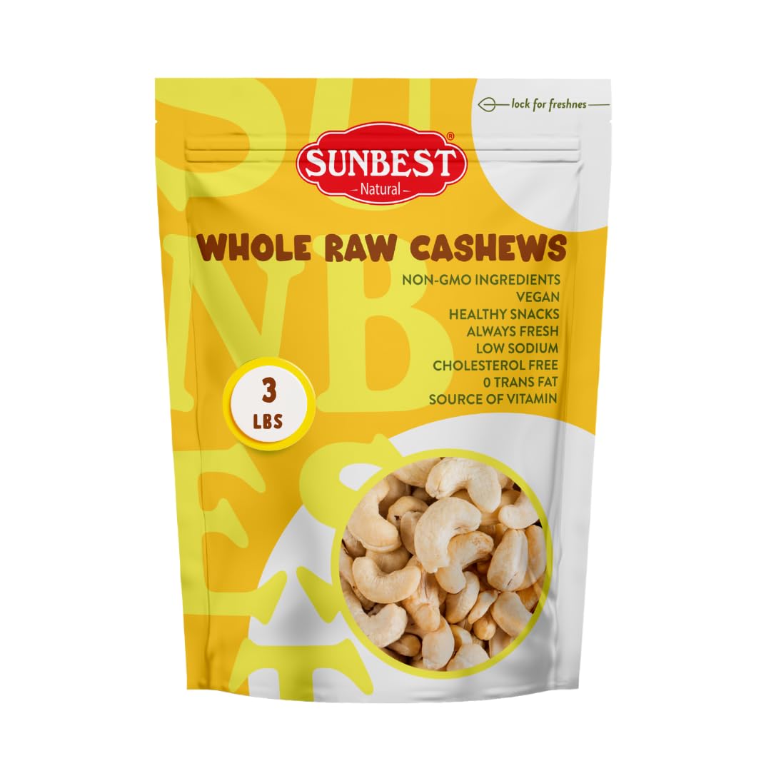 Sunbest Natural Raw Whole Cashews – 48 oz (3 lb) Bulk Bag – Unsalted, Unroasted Cashews, Vegan, Gluten-Free, Non-GMO – Perfect for Snacking, Cooking & Baking