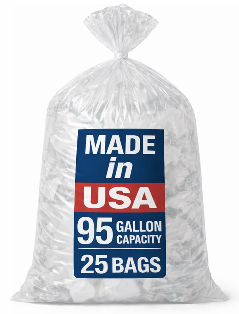 95 Gallon Clear Trash Bags | 60 x 66 Inch Heavy-Duty Garbage Bags | 25 Count Large Clear Trash Liners for Commercial & Industrial Use