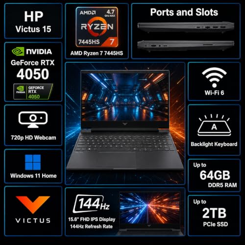 Image of HP Victus Gaming Laptop 15.6 inch FHD IPS 144Hz AMD Ryzen 7 7445HS (>i7-1255U), 64GB DDR5 RAM, 2TB NVMe SSD, GeForce RTX 4050 6GB, Backlit, Type-C, WI-FI 6E, B&O Fast Charge, Windows 11