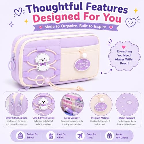 Image of Canvas School Bag Pencil Case, 3 Layer 6 Compartment Large Capacity, Aesthetic Pencil Pouch for Stationary, Cute Stationery for Kids, Pencil Case for Girls & Boys (Nice Day Purple)