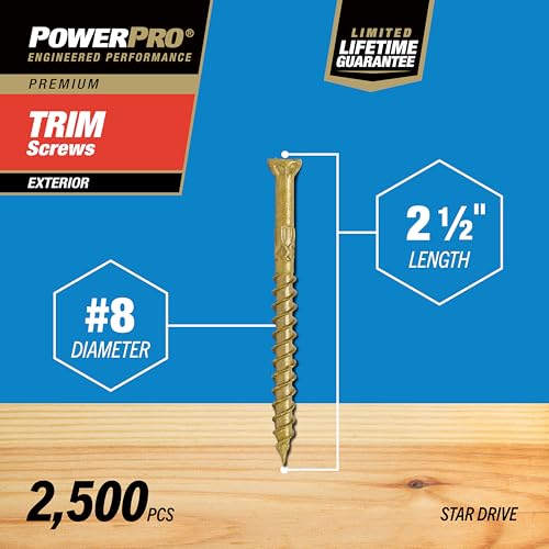 Image of Power Pro Exterior Trim Screws, #8 x 2-1 /2in, 2500 Pieces, Bronze | Epoxy finished carbon steel, Star /torx drive with T25 star bit, For exterior trim, decking, and treated lumber