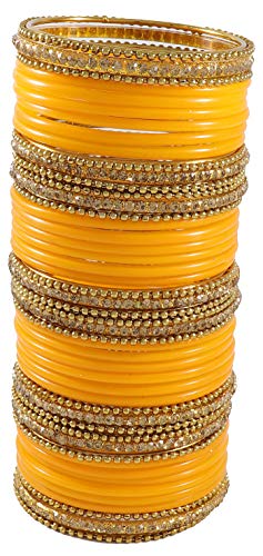 Image of NMII Glass With Zircon Gemstone Studded Worked and Ball Chain Or Plane Gloosy Finished Bangles Set For Women and Girls
