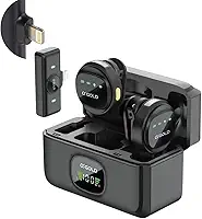 Microfone Lapela Sem Fio Para iPhone 7 ao 14 com 2 Microfones, Receptor Lightning, Redução de Ruído, Case Carregador e Display de Bateria