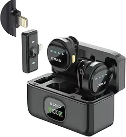Microfone Lapela Sem Fio Para iPhone 7 ao 14 com 2 Microfones, Receptor Lightning, Redução de Ruído, Case Carregador e Display de Bateria