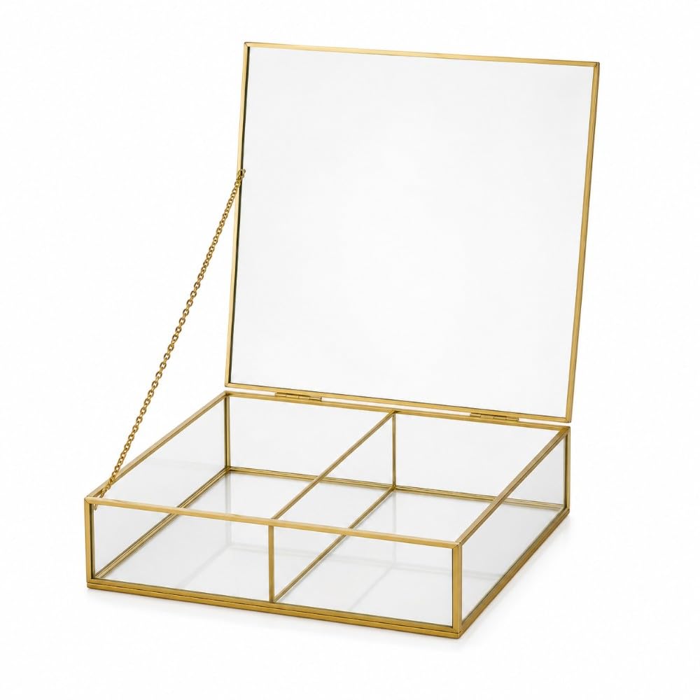 Chianese | Box in Vetro e Metallo Oro 16x16x5,5 cm con 2 Scomparti, Contenitore per Confetti, Caramelle, Cioccolatini e Bomboniere, Scatola Elegante per Cerimonie e Allestimenti