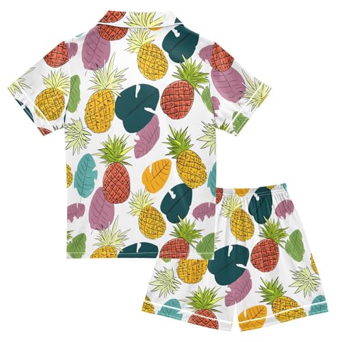 ALAZA Colorful Pineapple Palm Leaf Satin Pajamas Set Short Sleeve Button Down Sleepwear Summer Pjs 2 Piece2
