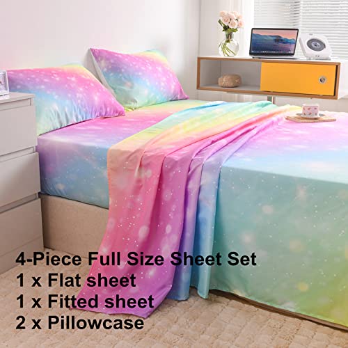 Urlinens Rainbow Sheets Full Size 4 Piece, Tie Dye Pastel Girls Sheet Set For Kids Teens, Glitter Fun Girly Bed Sheets Soft Microfiber Rainbow Bedding Set 1 Fitted Sheet 1 Flat Sheet 2 Pillowcases #TOP1