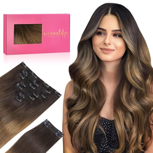 WENNALIFE Clip in Hair Extensions Real Human Hair, 14 Inch 150g 9pcs Remy Hair, Ombre Dark Brown to Light Chestnut Brown Straight Natural Extensiones De Cabello Humano Con Clip Ins