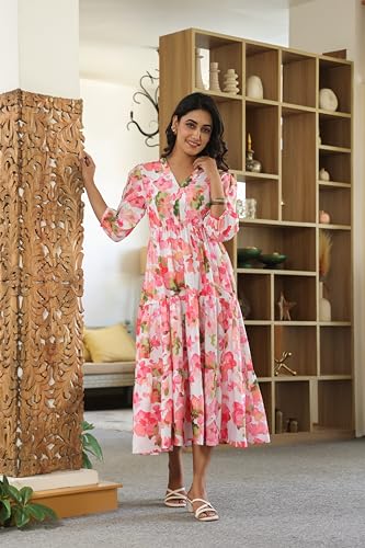 Image of Leriya Fashion Dress for Woman | Maxi Dress for Women Stylish | Women's Elegant A Line Dresses Summer Long Georgette with Floral Prints | Perfect Gaun Wear for Womens