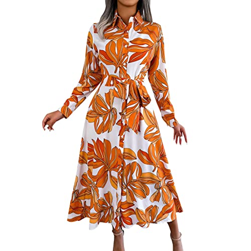 2025 Impresión Falda Larga Vestido Envuelto Temperamento Cuello en V Cintura Corbata Moda Verano Mujeres Poliéster Midi Vestido 46 Mujer Manga Larga, naranja, XL