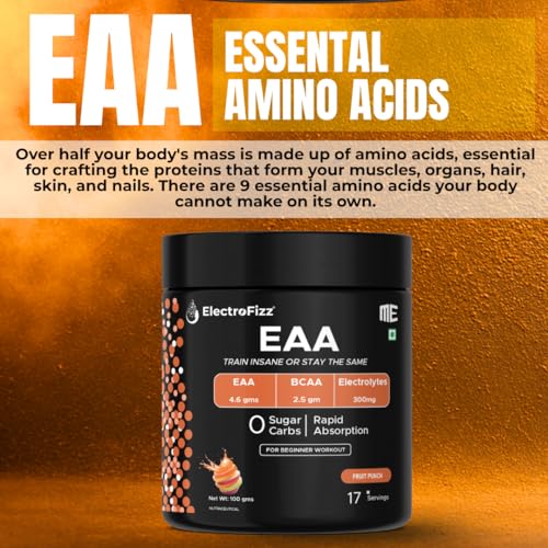 Image of EAA 4.6 gms with 2.5 gm BCAA with Vitamin & Electrolyte Blend for Muscle Recovery & Endurance - Pre /Post Workout & Intra Workout - 100 gms (EAA Fruit Punch)