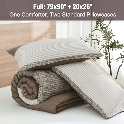 Litanika Comforter Set Full Size Coffee - 3 Pieces Lightweight Colorblock Stripe Fluffy Bedding Comforter Sets, All Season Bed Set