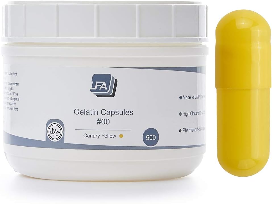 Empty Capsules Size 00 - Yellow Colored Gelatin - 500 Count - Fits Capsule Filling Tray Filling Tray - Joined Beef Gel Caps Easy Snap for DIY Powder Supplement Pills - Certified Halal