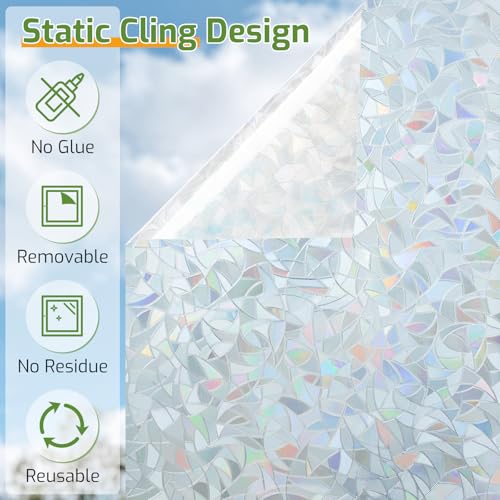 Image of LUTE Rainbow Window Privacy Film, Stained Cling, Silver, 17.5 inch x 118.1 inch | 3D Decorative Non-Adhesive Vinyl, Static Cling Removable Glass Stickers, Sun UV Blocking Decal Covering for Home Office