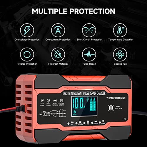 10 Amp Car Battery Charger, 12V/24V Automatic Battery Charger with 7 Stage Charging and LCD Screen for Car, Motorcycle, Boat, Mower, AGM GEL and Lead Acid Battery - Image 6