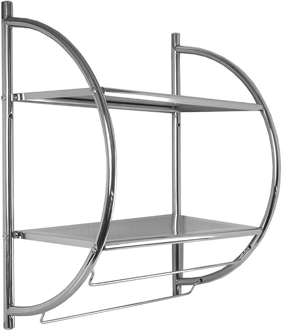 Home Basics 2 Tier Wall Mounting Chrome Plated Steel Bathroom Shelf with Towel Bar