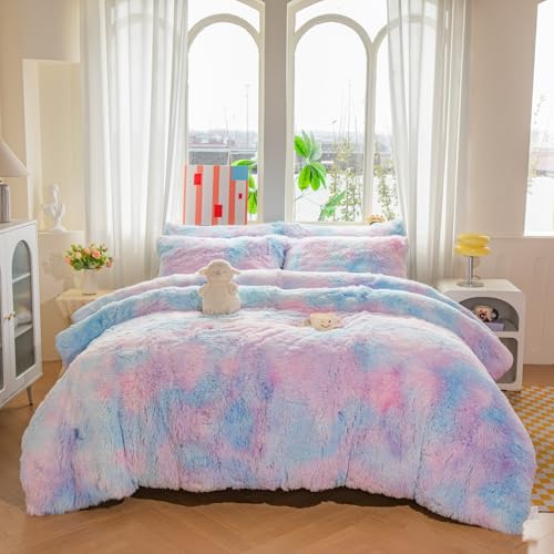 chovy Faux Fur Plush Tie-Dyed Blue Comforter Sets Twin/Full Size - Ultra Soft Shaggy Flannel Velvet Fluffy Fuzzy 3PC Bedding Set （Comforter x 1 Pillowcases x 2）